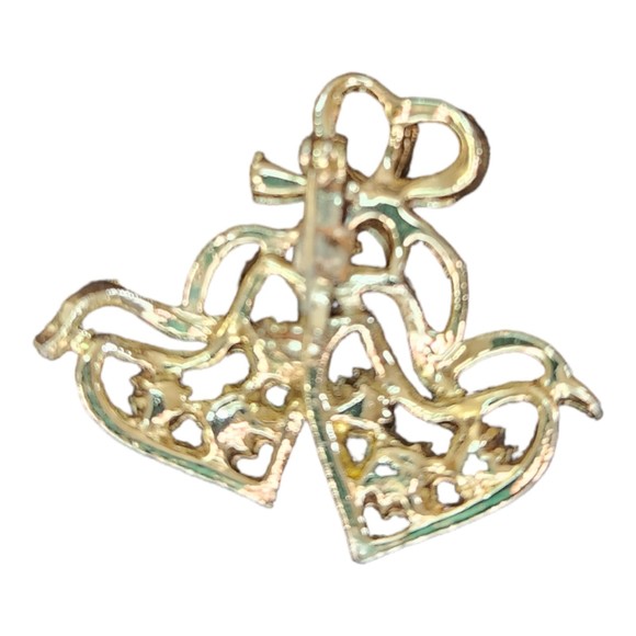 Double Heart Brooch Silver-Tone with Blue Rhinestones  2"w x 1-1/2"h - Picture 2 of 5